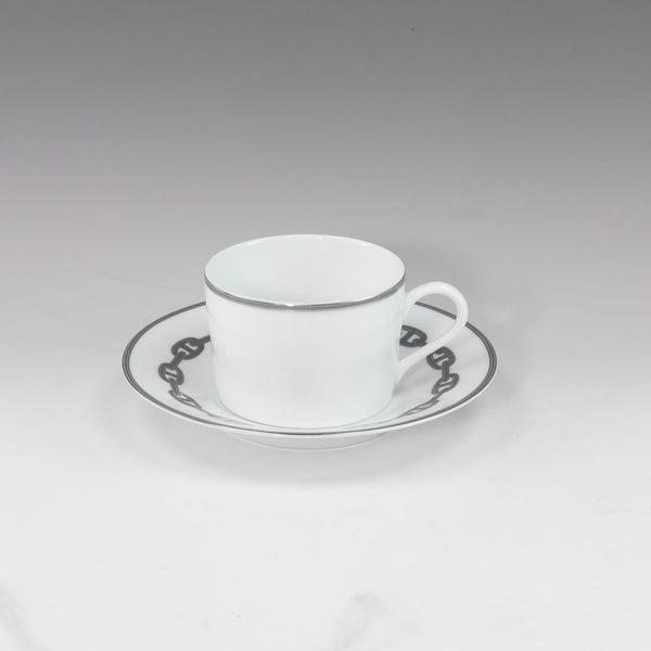 [Hermès] Hermes Shane Dancul Silver Testament Cup & Saucer x 2 Porcelain Chaine d'Oncre Silver_a Rank