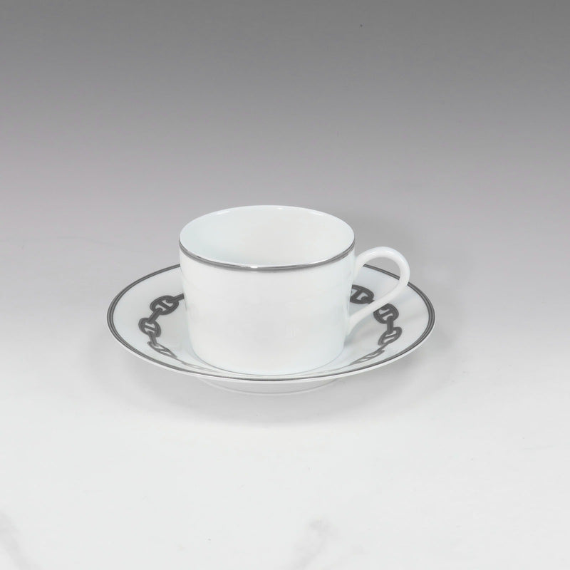 [Hermès] Hermes Shane Dancul Silver Testament Cup & Saucer x 2 Porcelain Chaine d'Oncre Silver_a Rank