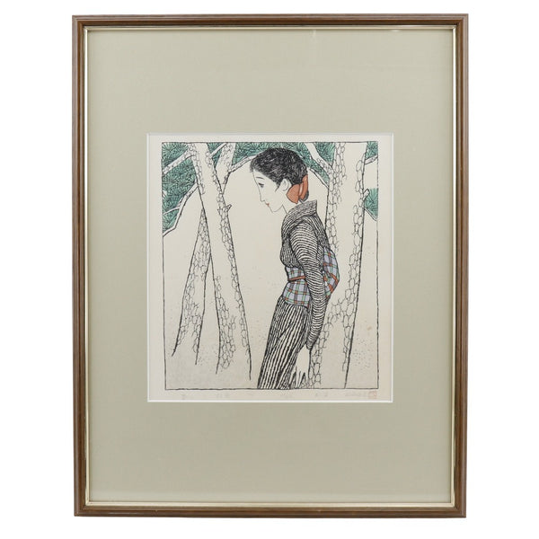 Yumeji Takehisa绘画木刻“ Matsubara” 65/300雕刻的松木Yumeji takehisa _