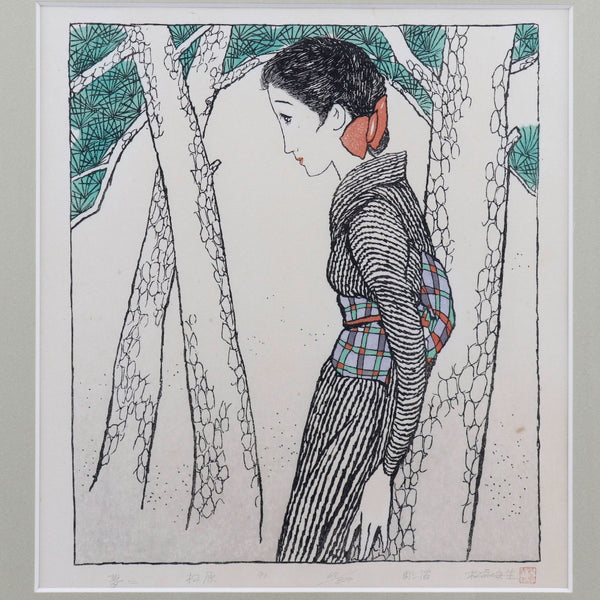 Yumeji Takehisa绘画木刻“ Matsubara” 65/300雕刻的松木Yumeji takehisa _