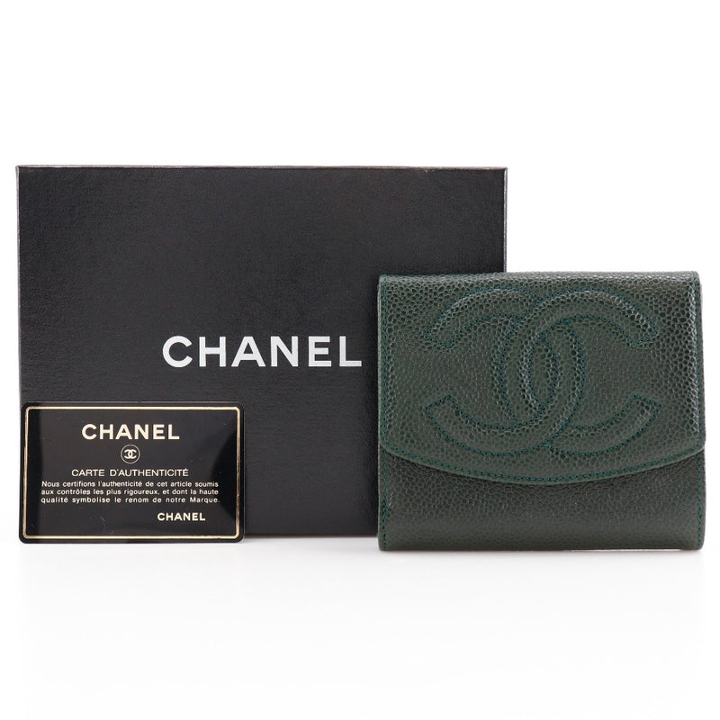 [CHANEL] Chanel COCO Mark Bi-Fold Wallet A13496 Caviar Skin Deep Green Snap Button COCO Mark Ladies A Rank