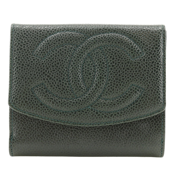 [CHANEL] Chanel COCO Mark Bi-Fold Wallet A13496 Caviar Skin Deep Green Snap Button COCO Mark Ladies A Rank