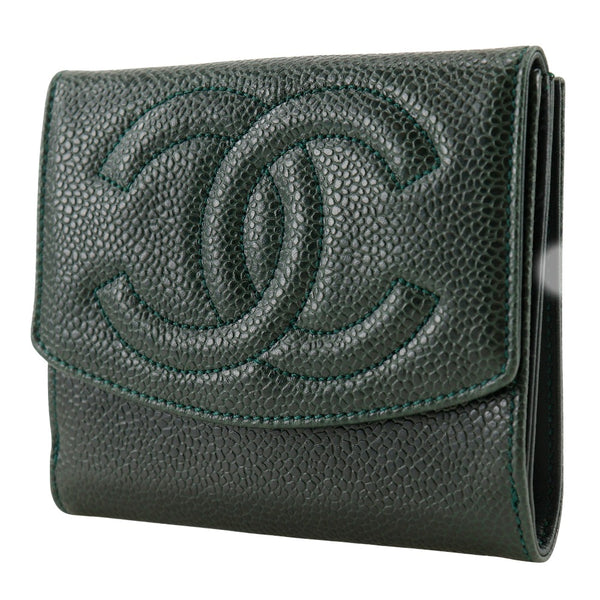 [CHANEL] Chanel COCO Mark Bi-Fold Wallet A13496 Caviar Skin Deep Green Snap Button COCO Mark Ladies A Rank