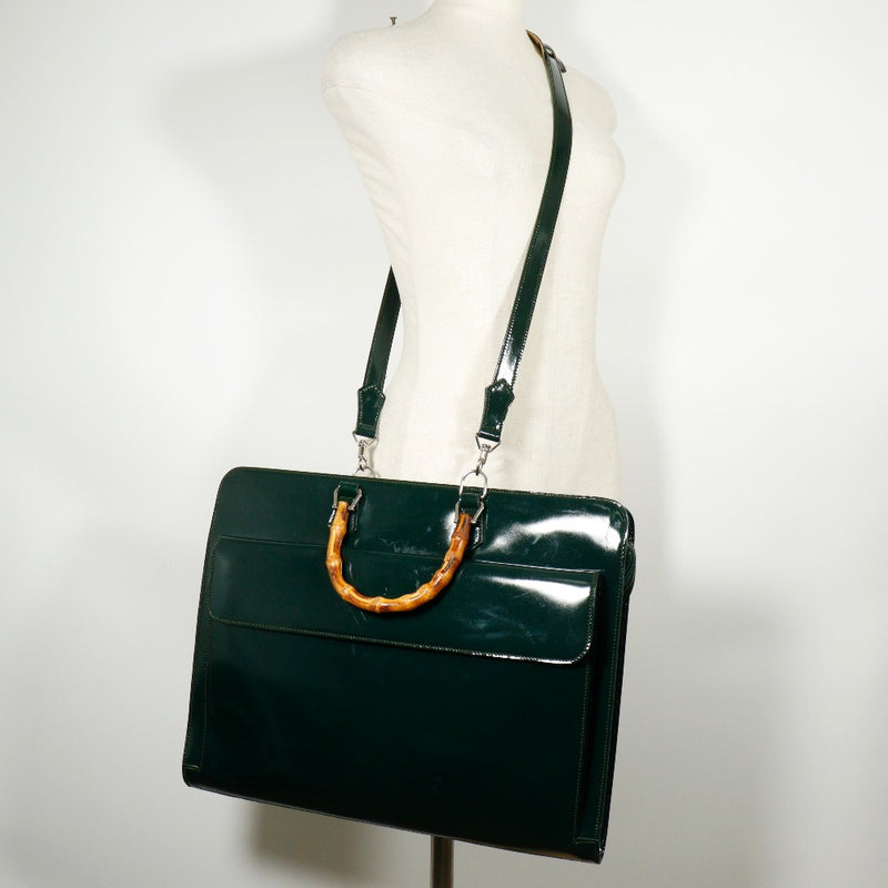 [Gucci] Gucci maletín de maletas 2way Shoulder 015.1521.3675 Bambú x Patente de cuero de cuero Green Shoulder Bag 2way A4 Fastener Methortcase Unisex