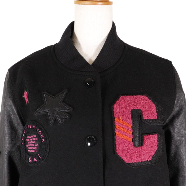 [Entrenador] entrenador 
 Estadio de chaqueta de béisbol 
 F56216 lana negra/rosa chaqueta de béisbol damas un rango