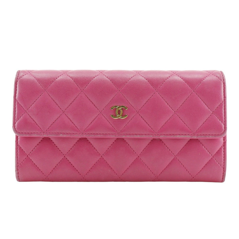 【CHANEL】シャネル
 マトラッセ 二つ折り財布
 ココマーク A50096 ラムスキン ピンク スナップボタン Matelasse レディース