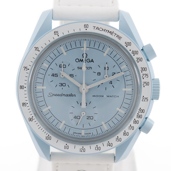 [Omega] Omega 
 Reloj de colaboración de muestra 
 Moon Ochi Mission Touranus S033L100 White Quartz Pastel Blue Dial Swatch Collab Boys A Rank