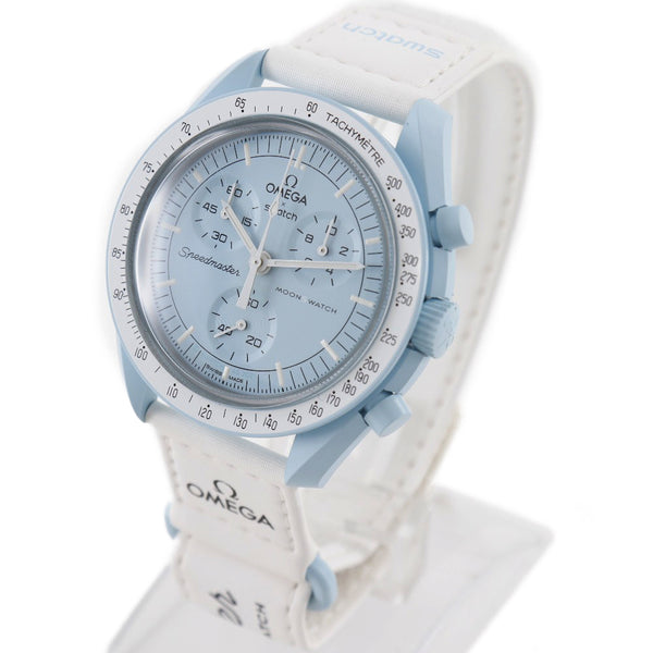 [Omega] Omega 
 Reloj de colaboración de muestra 
 Moon Ochi Mission Touranus S033L100 White Quartz Pastel Blue Dial Swatch Collab Boys A Rank