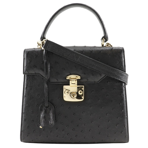 [GUCCI] Gucci Old Gucci Handbag 2WAY Shoulder Ostrich Black Shoulder Handscape 2WAY A5 Flap Old Gucci Ladies