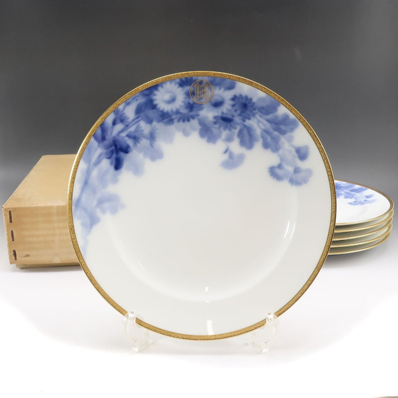 【OKURA】大倉陶園 1919年ラベル 戦前マロン印 特注品 【 久世鷹の羽紋 】 ブルーローズ 岡染め皿 6客 陶磁器 _ 食器 OKURA】大倉陶園 1919年ラベル 戦前マロン印 特注品 【 久世鷹の羽紋