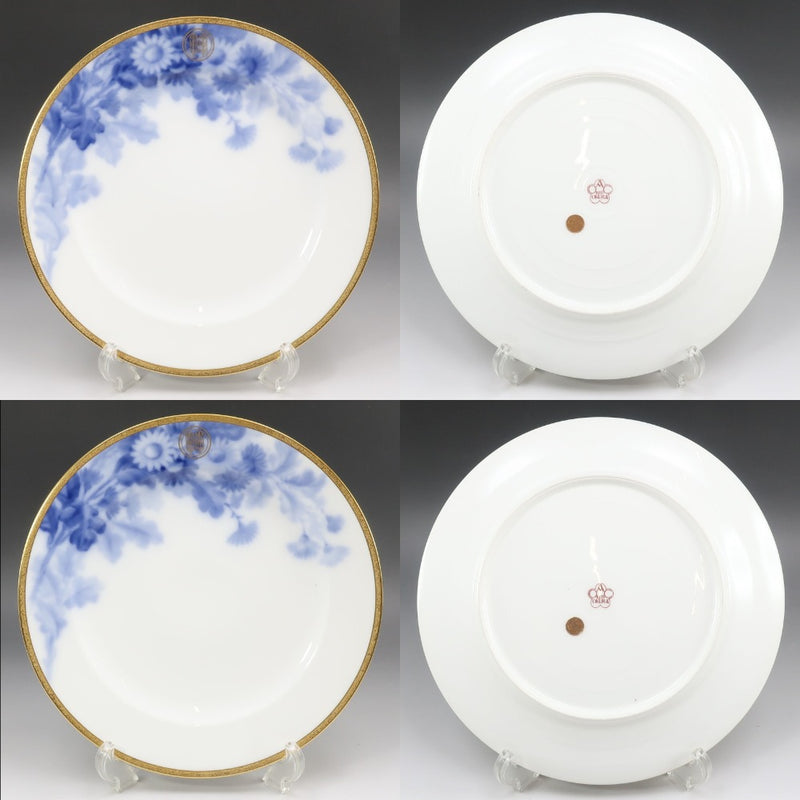 【OKURA】大倉陶園 1919年ラベル 戦前マロン印 特注品 【 久世鷹の羽紋 】 ブルーローズ 岡染め 皿 6客 陶磁器 _ 食器 OKURA】大倉陶園 1919年ラベル 戦前マロン印 特注品 【 久世鷹の羽紋