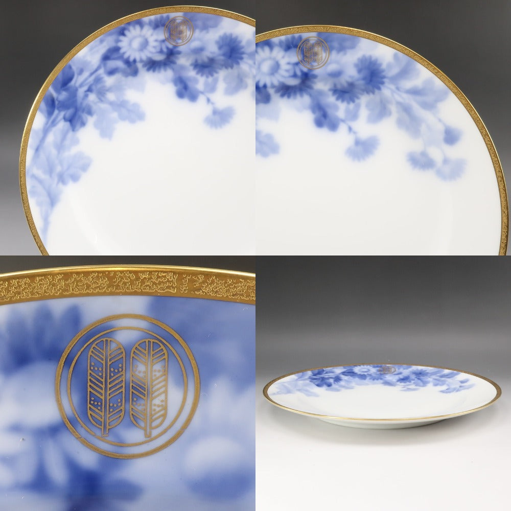 【OKURA】大倉陶園 1919年ラベル 戦前マロン印 特注品 【 久世鷹の羽紋 】 ブルーローズ 岡染め皿 6客 陶磁器 _ 食器 OKURA】大倉陶園 1919年ラベル 戦前マロン印 特注品 【 久世鷹の羽紋