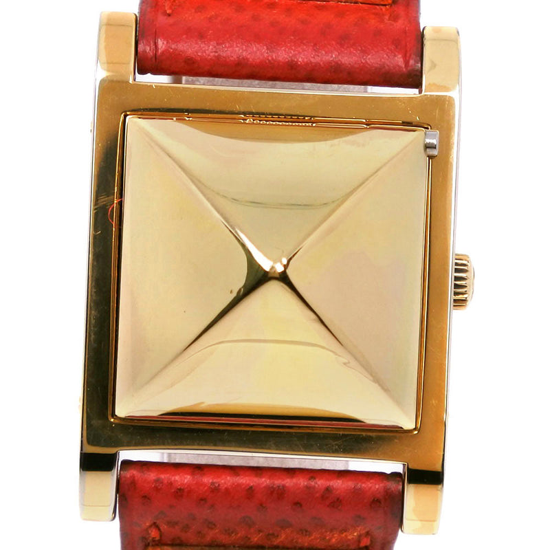 [Hermes] Hermes Medor Mira el revestimiento de oro x cuero rojo 〇W -grabado con pantalla analógica de cuarzo en la dama blanca Damas Medor Damas