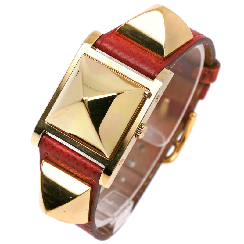 [Hermès] Hermes Medor Watch Gold Placing x Le cuir rouge 〇w Gravure Quartz Affichage analogique