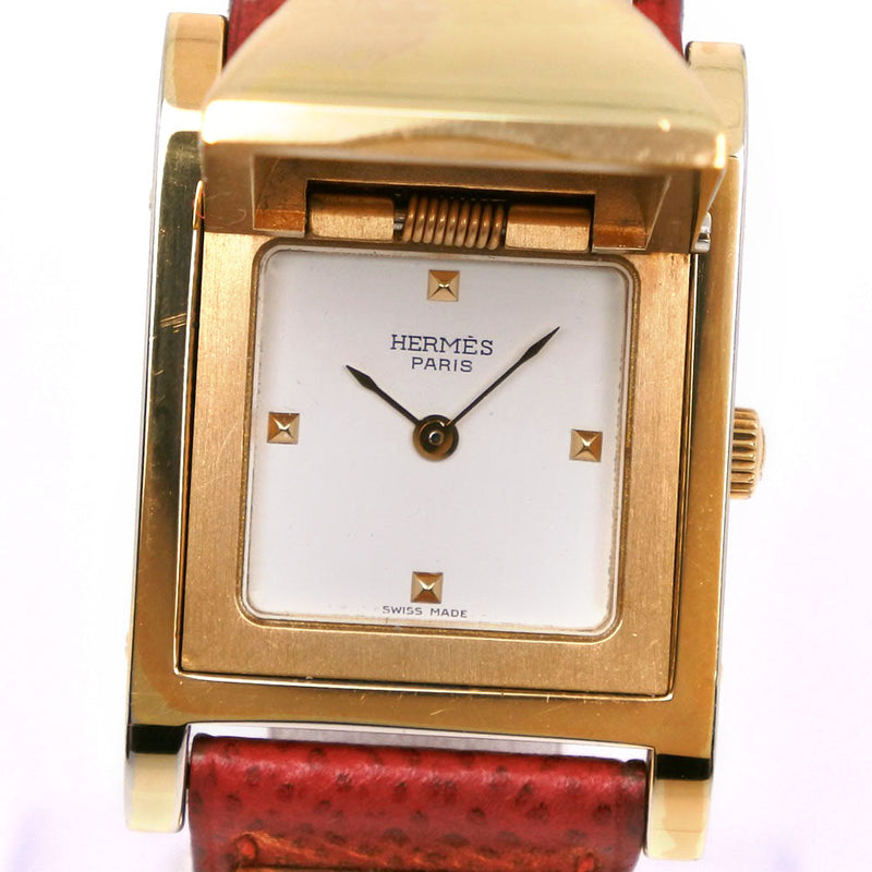 [HERMES] Hermes Medor watch Plated Gold× Leather red 〇W engraving Quartz Analog display White dial Medor Ladies