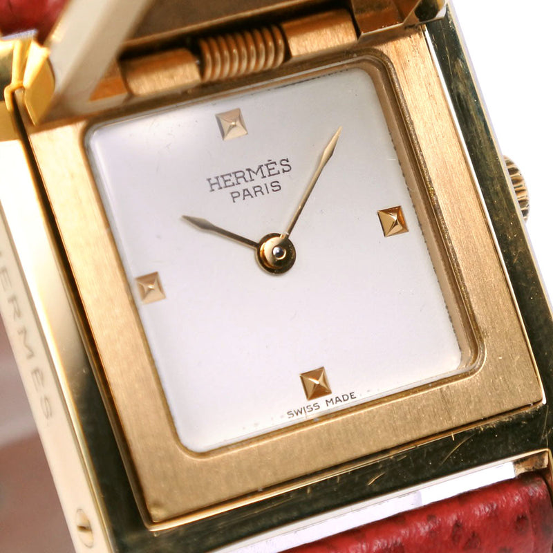 [Hermes] Hermes Medor Mira el revestimiento de oro x cuero rojo 〇W -grabado con pantalla analógica de cuarzo en la dama blanca Damas Medor Damas