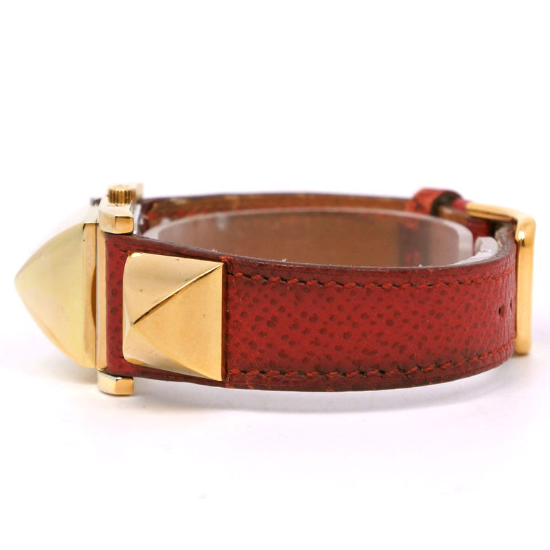 [Hermes] Hermes 
 Medor mirar 
 Chapado de oro x cuero rojo 〇w grabado analógico pantalla analógica damas medor damas