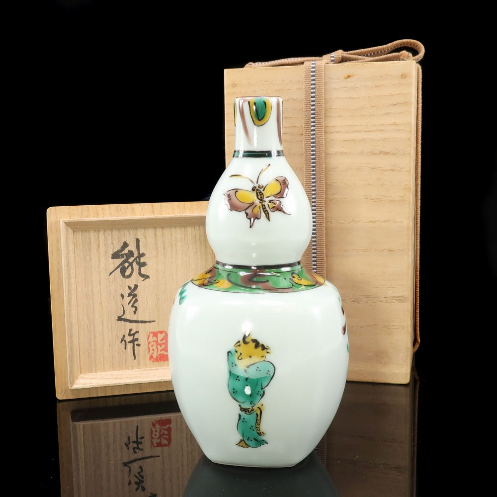 人間国宝 藤本能道 作 】 草白釉色絵童女図 徳利 陶磁器 酒器