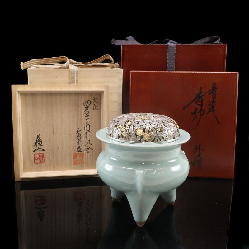 Hecho por Suwa Sozan, tercera generación, quemador de incienso de cintura celadon hakama, cerámica, utensilios de té