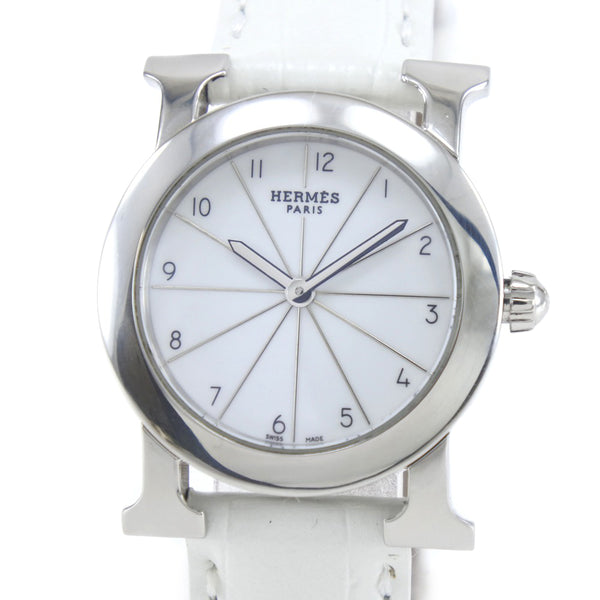 [Hermes] Hermes 
 H reloj de reloj 
 HR1.210 Acero inoxidable x Display analógica de cuero en relieve Pantalla analógica Diale White Hight Damas un rango