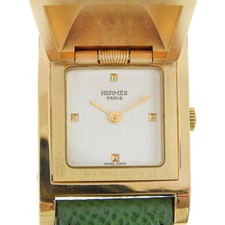 [Hermes] Hermes 
 Reloj Medor 
 Chapado de oro x cuero verde 〇x Display analógica de cuarzo grabado damas medor blancas