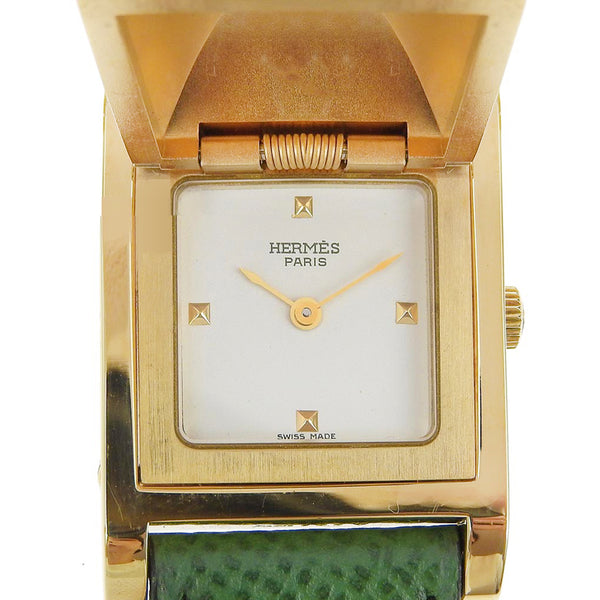 [HERMES] Hermes 
 Medor Watch 
 Gold plating x leather green 〇X engraved quartz analog display white dial MEDOR Ladies