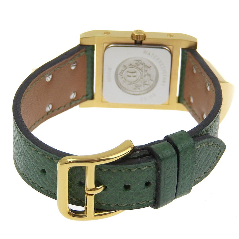 [Hermes] Hermes 
 Reloj Medor 
 Chapado de oro x cuero verde 〇x Display analógica de cuarzo grabado damas medor blancas