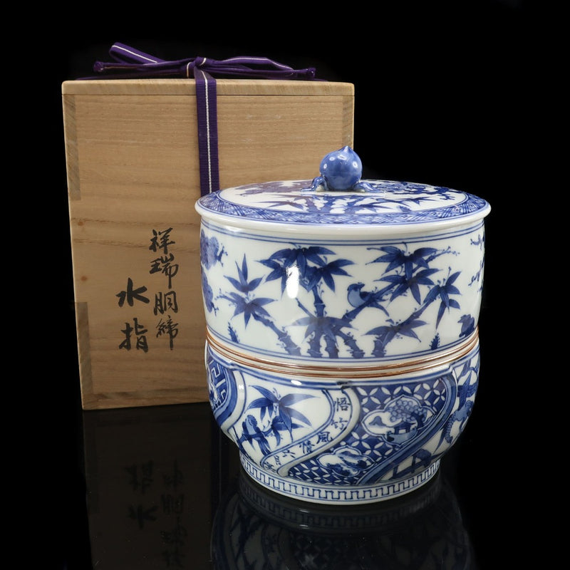 【kyoyaki】京焼 真葛香斎 作 祥瑞胴締水指 ( 替塗蓋付 ) 陶磁器 _ 茶道具 kyoyaki】京焼 真葛香斎 作 祥瑞胴締水指 ( 替塗蓋付 ) 茶道具