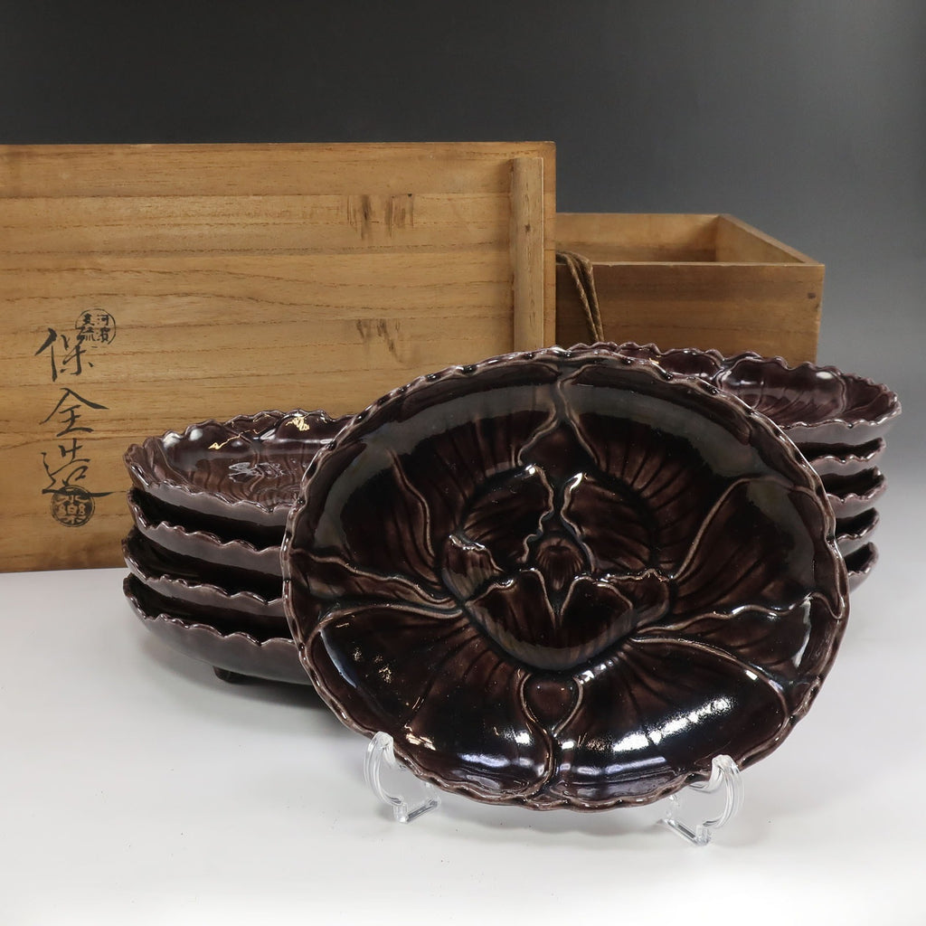 十一代 永楽善五郎 ( 保全 ) 造 紫交趾 牡丹形 銘々皿 10客 陶磁器 _ 骨董品 十一代 永楽善五郎 ( 保全 ) 造 紫交趾 牡丹形 銘々皿 10客 骨董品