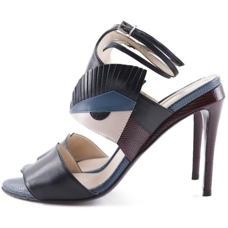 [FENDI] Fendi Monster Sandal Ankle Strap Calfskin Black/Blue MONSTER Ladies