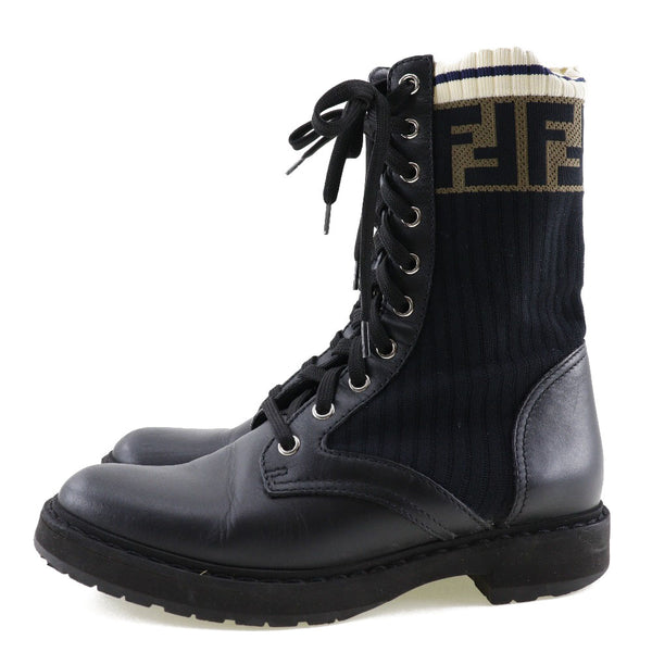 [FENDI] Fendi 
 Rococo Combat Boots 
 Stretch Fabric Calf x Polyamide Black/White/Tea ROCOCO COMBAT BOOTS Ladies A-Rank