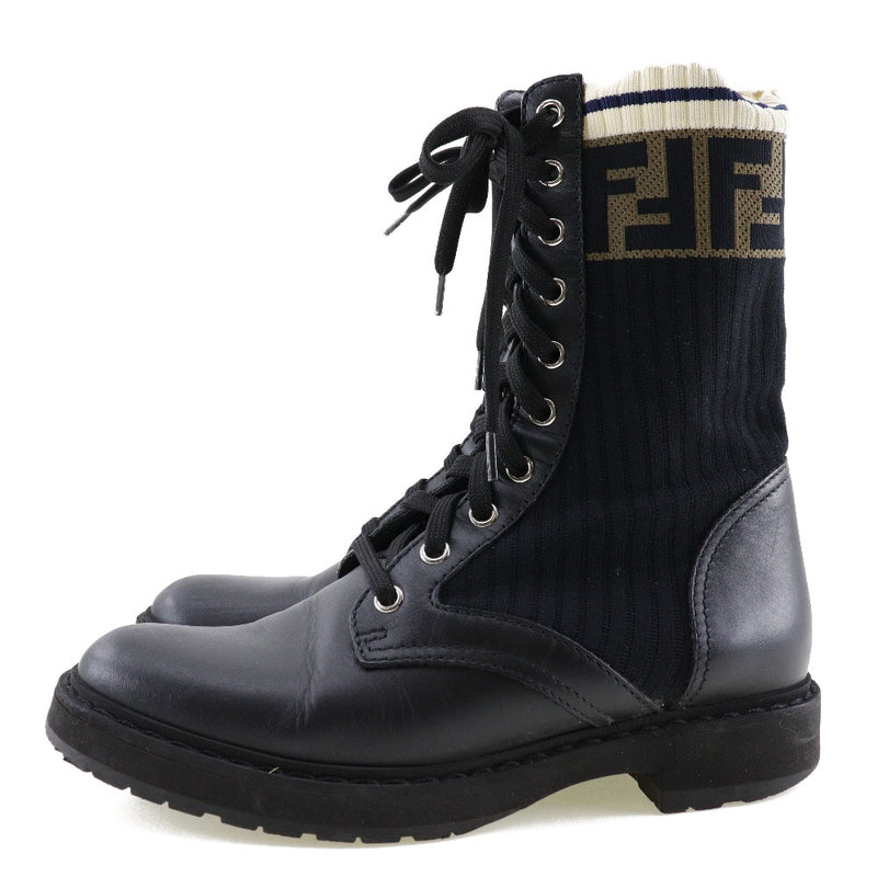 【FENDI】フェンディ
 ロココ コンバットブーツ ブーツ
 ストレッチファブリック  カーフ×ポリアミド 黒/白/茶 rococo combat boots レディースA-ランク