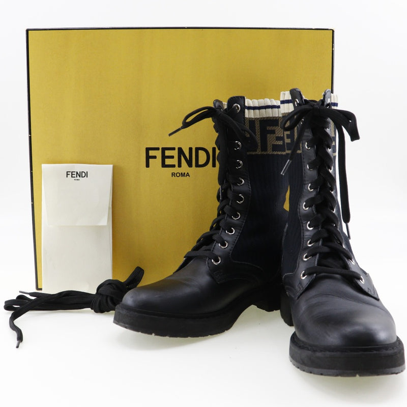[FENDI] Fendi 
 Rococo Combat Boots 
 Stretch Fabric Calf x Polyamide Black/White/Tea ROCOCO COMBAT BOOTS Ladies A-Rank