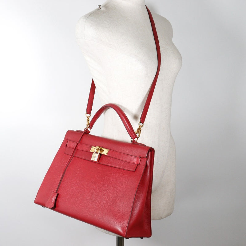 [Hermes] Hermes Kelly 32 Bolso de costura exterior Courchevel Bolso de hombro rojo 2 videas A5 Soporte de cinturón Kelly 32 Outside coser damas B-rank