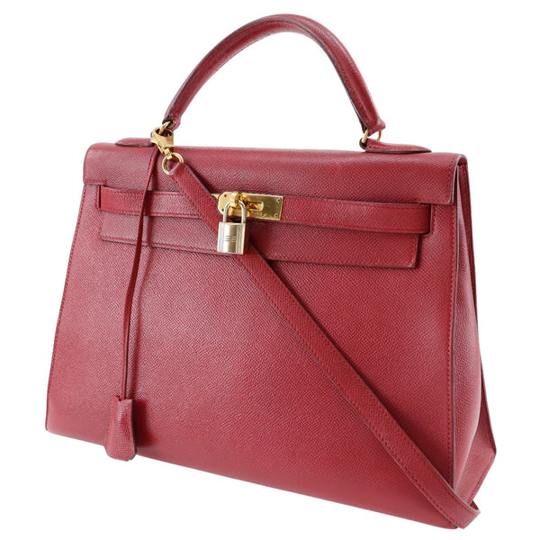 [Hermes] Hermes 
 Kelly 32 bolso de costura exterior 
 Courchevel Bolso de hombro rojo 2 videas A5 Soporte de cinturón Kelly 32 Outside coser damas B-rank