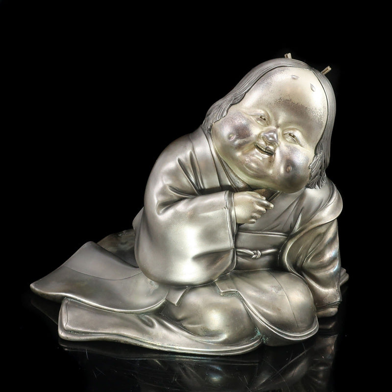 金工師 利和 / 大阪尚美堂 】 作 銀仕上 お多福 置物 銀 骨董品