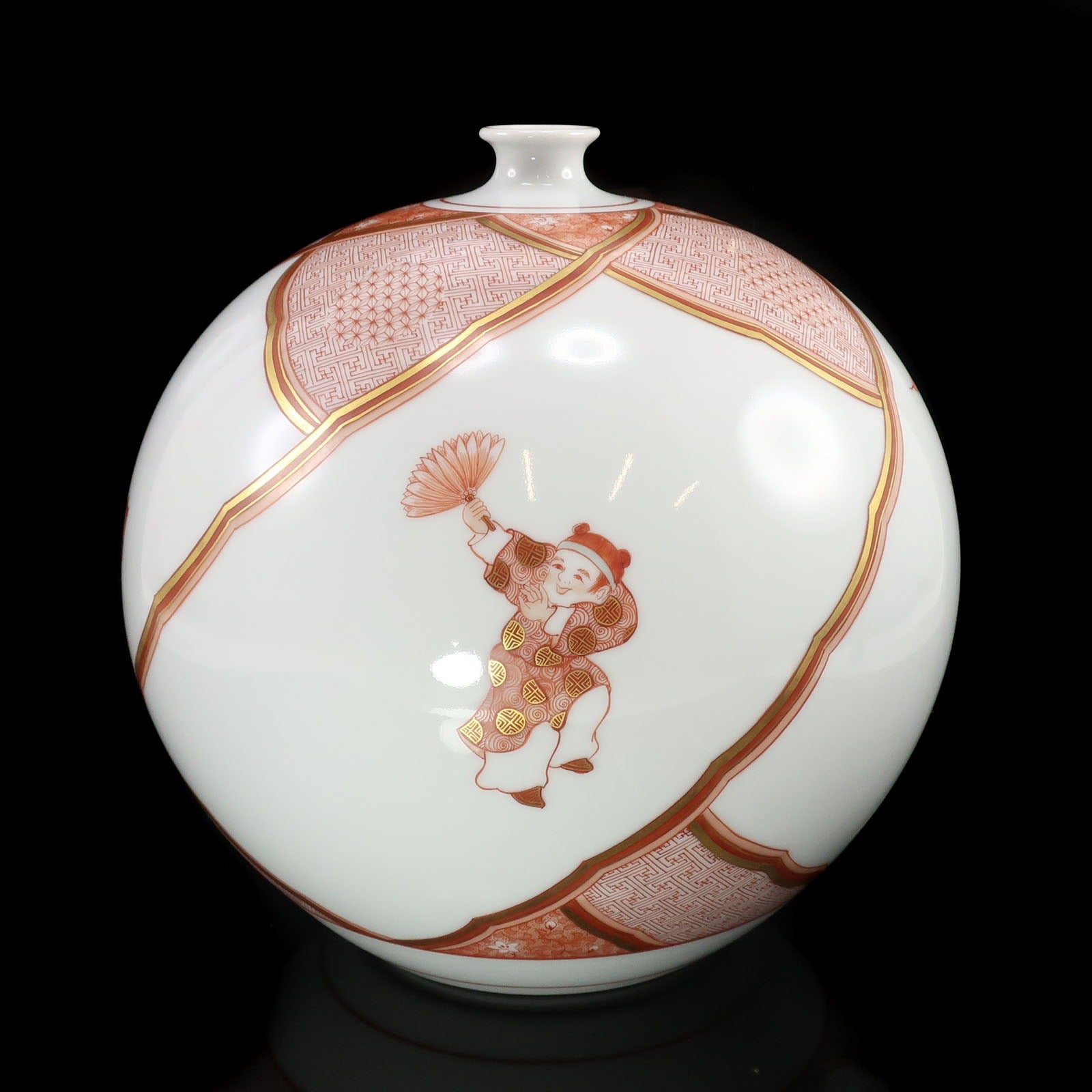 KUTANIYAKI】九谷焼 福島武山 造 赤絵唐子遊文 花瓶 骨董品
