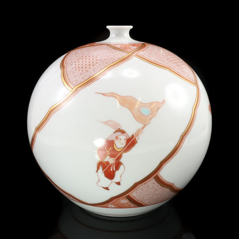 KUTANIYAKI】九谷焼 福島武山 造 赤絵唐子遊文 花瓶 骨董品