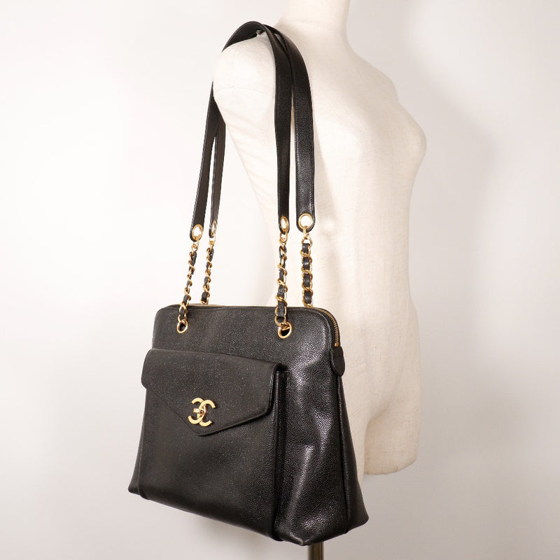 [CHANEL] Chanel 
 ChainTote Shoulder Bag
 Caviar Skin Black Shoulder A4 Fastener Chain TOTE Ladies