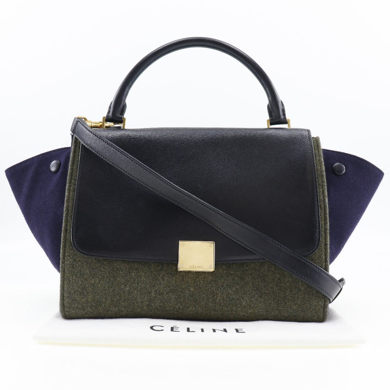 【CELINE】セリーヌ
 トラペーズ ハンドバッグ
 フェルト×カーフ 黒/グレー 肩掛け 手提げ 2way フラップ Trapeze レディース