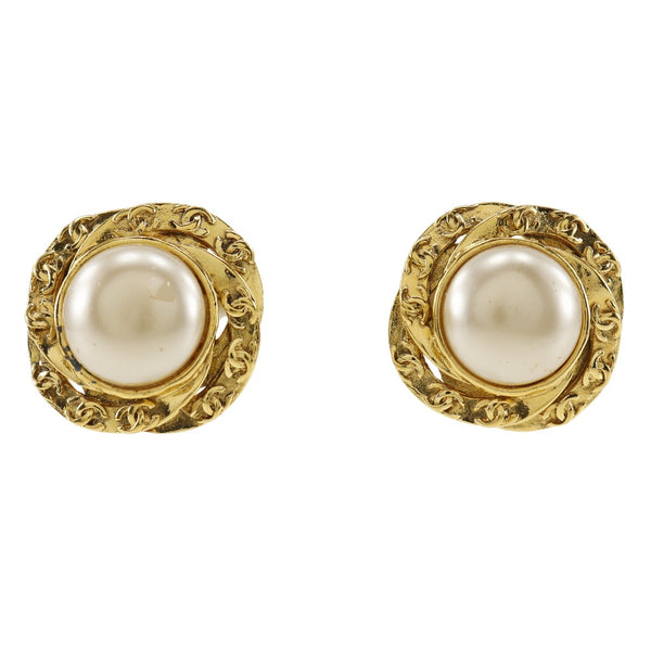 [Chanel] Chanel Coco Marc Boucles d'oreilles Vintage Gold Placing x Fake Pearl 93a Gravé d'environ 25,1g Coco Mark Ladies B-Rank