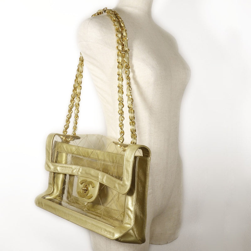 [CHANEL] Chanel ChainShoulder Shoulder Bag BigMatelasse doubleChain Calfskin×vinyl Gold/Clear Diagonal Shoulder A5 Turn Lock CHAINSHOULDER Ladies