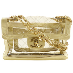 [CHANEL] Chanel ChainShoulder Shoulder Bag BigMatelasse doubleChain Calfskin×vinyl Gold/Clear Diagonal Shoulder A5 Turn Lock CHAINSHOULDER Ladies