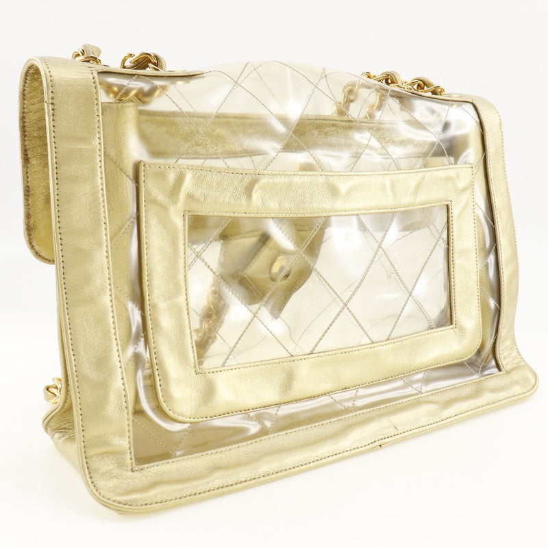 [CHANEL] Chanel ChainShoulder Shoulder Bag BigMatelasse doubleChain Calfskin×vinyl Gold/Clear Diagonal Shoulder A5 Turn Lock CHAINSHOULDER Ladies