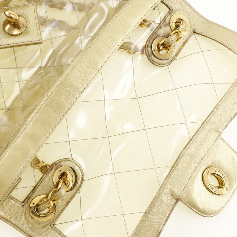 [CHANEL] Chanel ChainShoulder Shoulder Bag BigMatelasse doubleChain Calfskin×vinyl Gold/Clear Diagonal Shoulder A5 Turn Lock CHAINSHOULDER Ladies