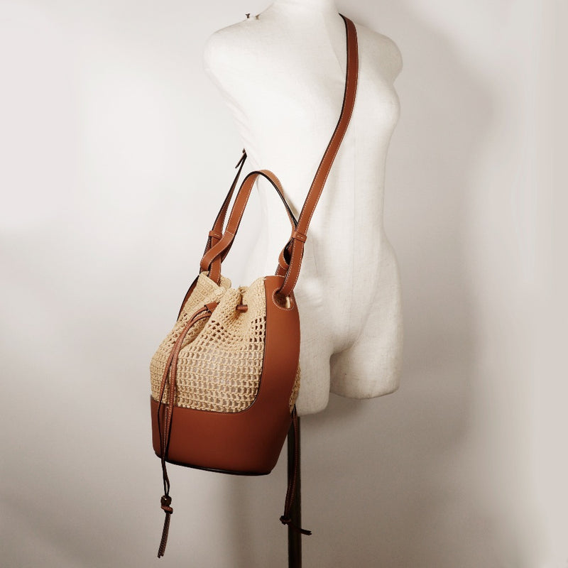 [LOEWE] Loewe Balloon Medium Bag Shoulder Bag 2WAY Raffia x Leather Natural x Tan Brown Diagonal shoulder 2WAY A5 drawstring Balloon Medium Bag Ladies A+Rank