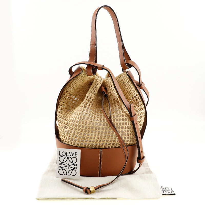 [LOEWE] Loewe Balloon Medium Bag Shoulder Bag 2WAY Raffia x Leather Natural x Tan Brown Diagonal shoulder 2WAY A5 drawstring Balloon Medium Bag Ladies A+Rank