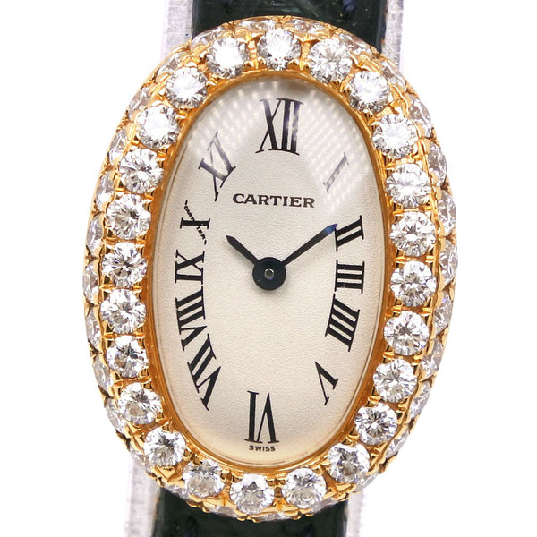 [Cartier] Cartier 
 Mini Benyu War Watch 
 After diamond K18 Yellow Gold x Crocodile x Diamond Black Quartz Analog Ladies Mini Baignoire Ladies