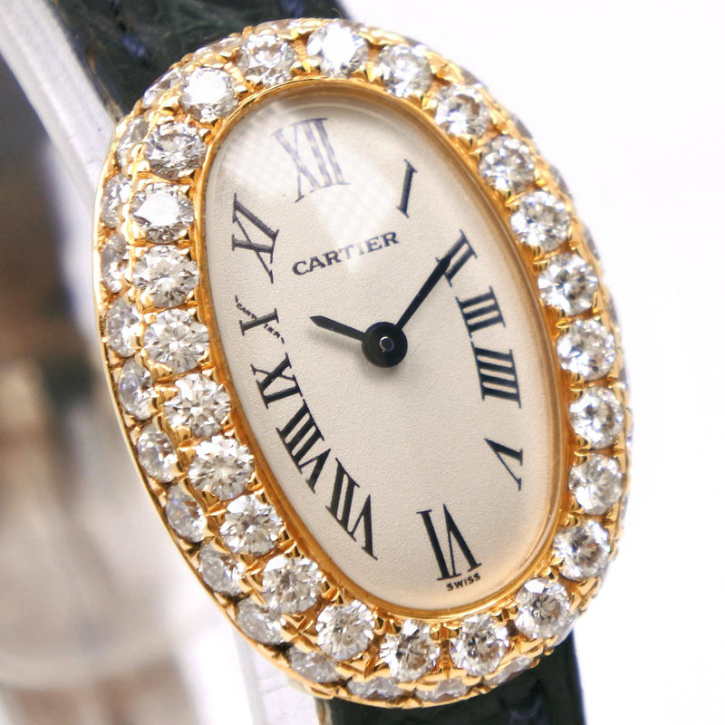 [Cartier] Cartier 
 Mini reloj de guerra benyu 
 Después de Diamond K18 Oro amarillo x cocodrilo x diamante de cuarzo negro analógico damas mini baignoire damas