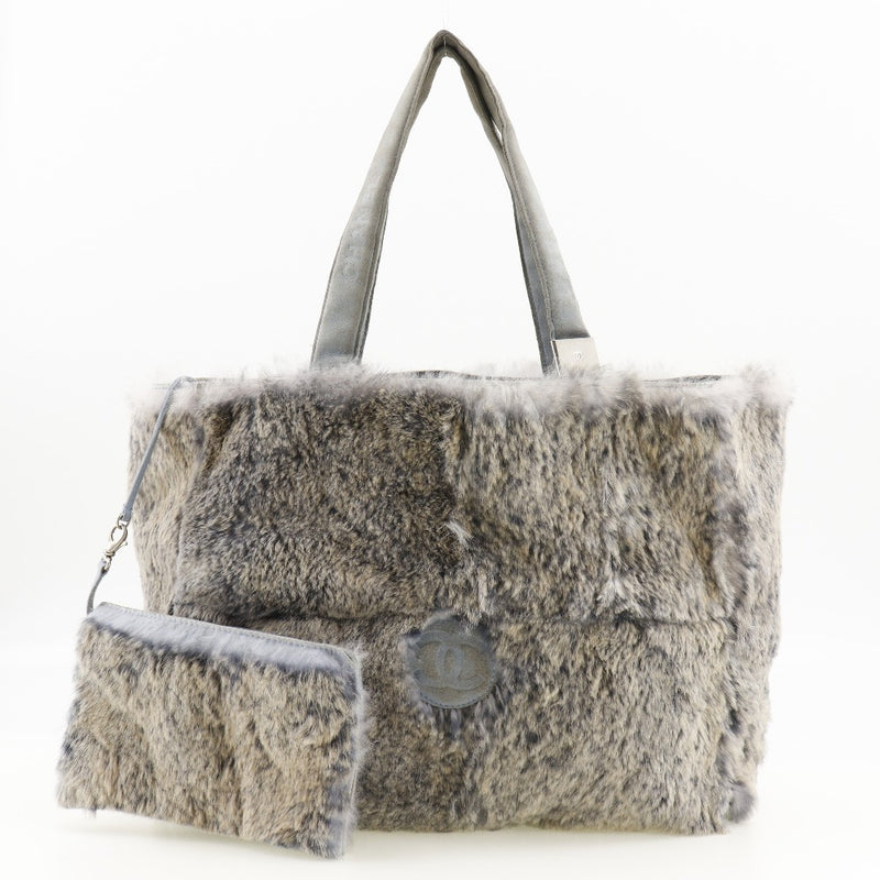 [CHANEL] Chanel COCO Mark Handbag Rapin Rabbit Fur Blue Gray Handscape A5 Open COCO Mark Ladies